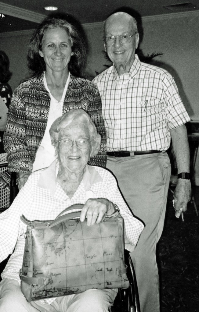 Phil May, founder of the American literary society for Marjorie Kinnan Rawlings, pictured with park ranger Sally Morrison and Dessie Smith Prescott.